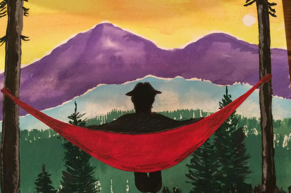A person in a hammock with mountains and trees behind them.